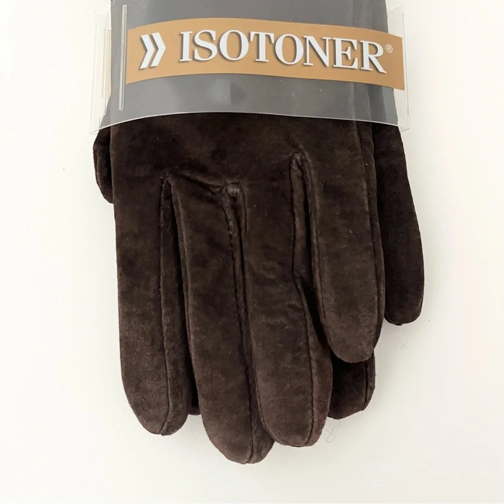 NWT Isotoner Women's Brown Genuine Suede Gloves Faux Fur Lining Size M Warm Soft - Picture 2 of 4
